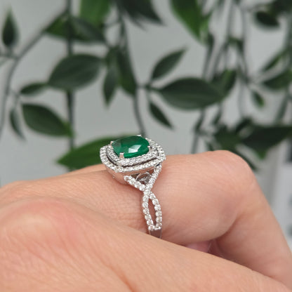 1.04ct Emerald and Diamond Double Halo Cluster Engagement Ring