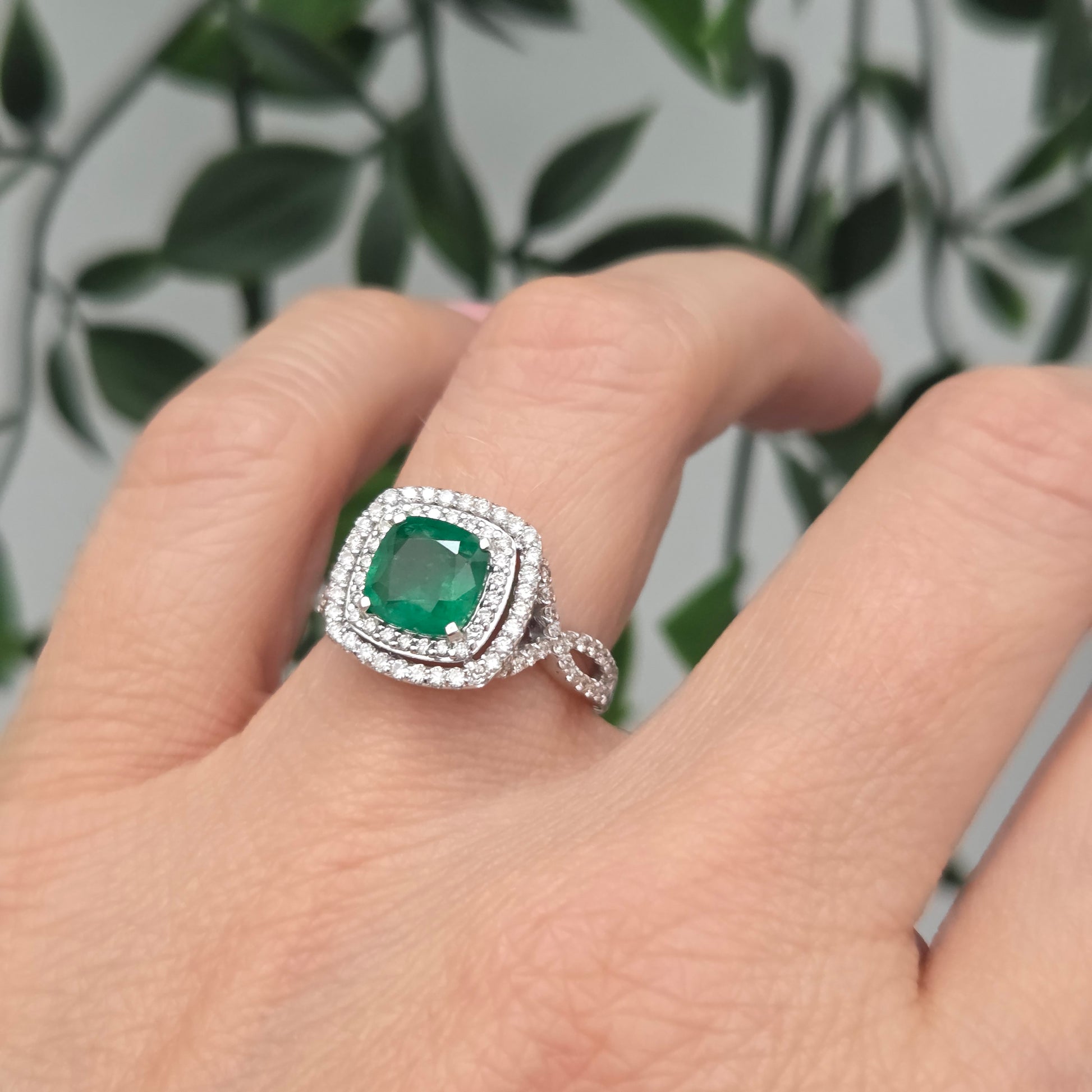 1.04ct Emerald and Diamond Double Halo Cluster Engagement Ring