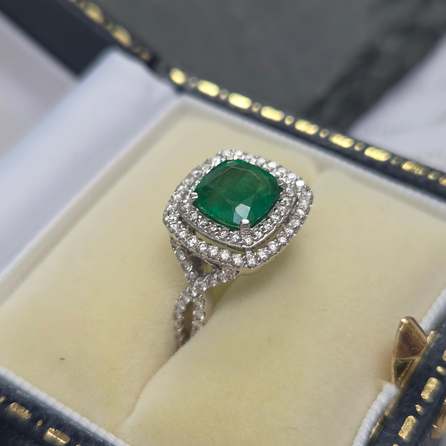 1.04ct Emerald and Diamond Double Halo Cluster Engagement Ring