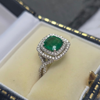 1.04ct Emerald and Diamond Double Halo Cluster Engagement Ring