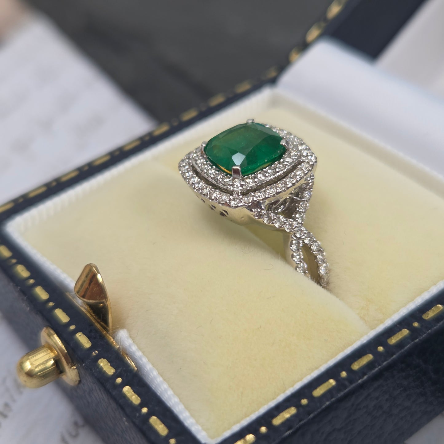 1.04ct Emerald and Diamond Double Halo Cluster Engagement Ring