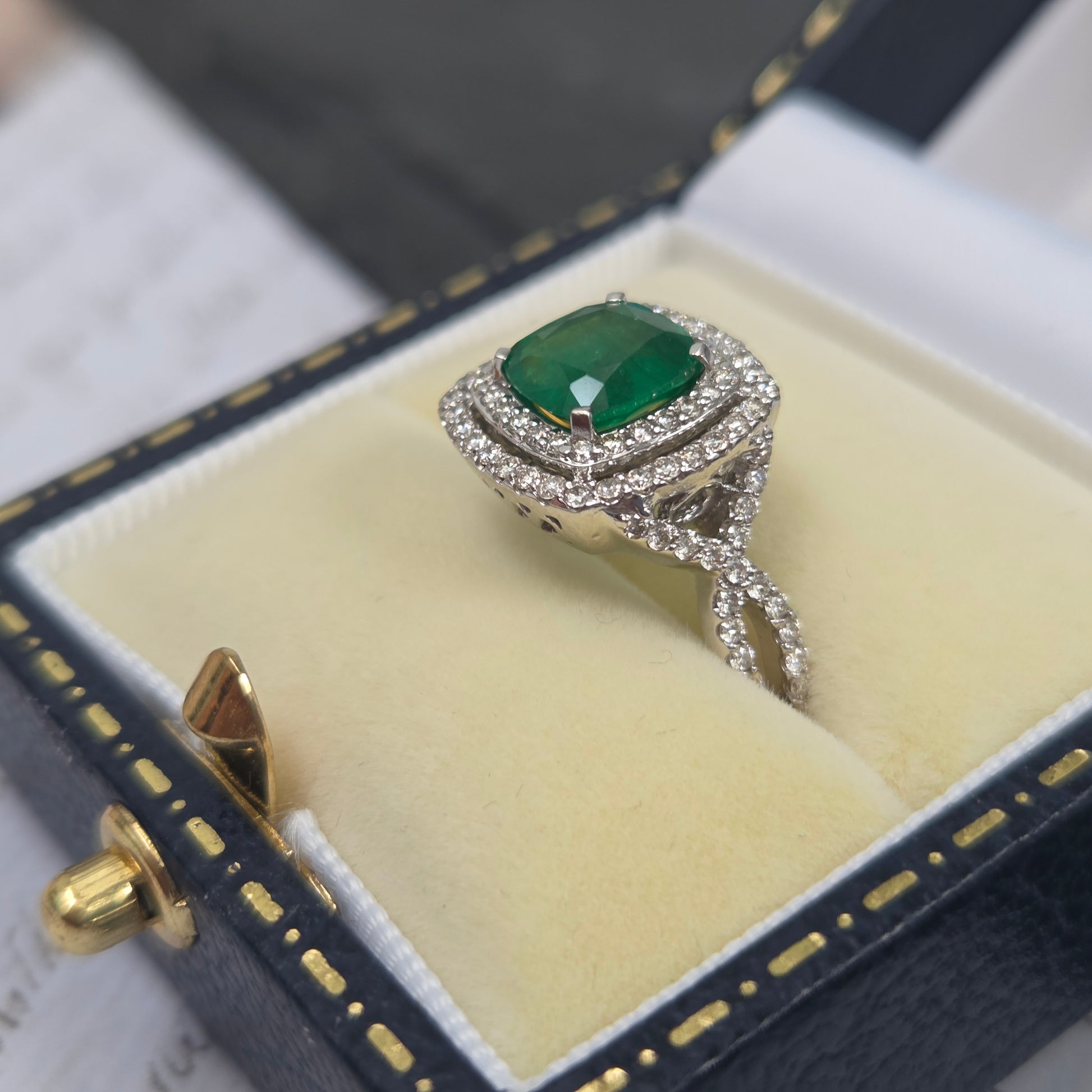 1.04ct Emerald and Diamond Double Halo Cluster Engagement Ring