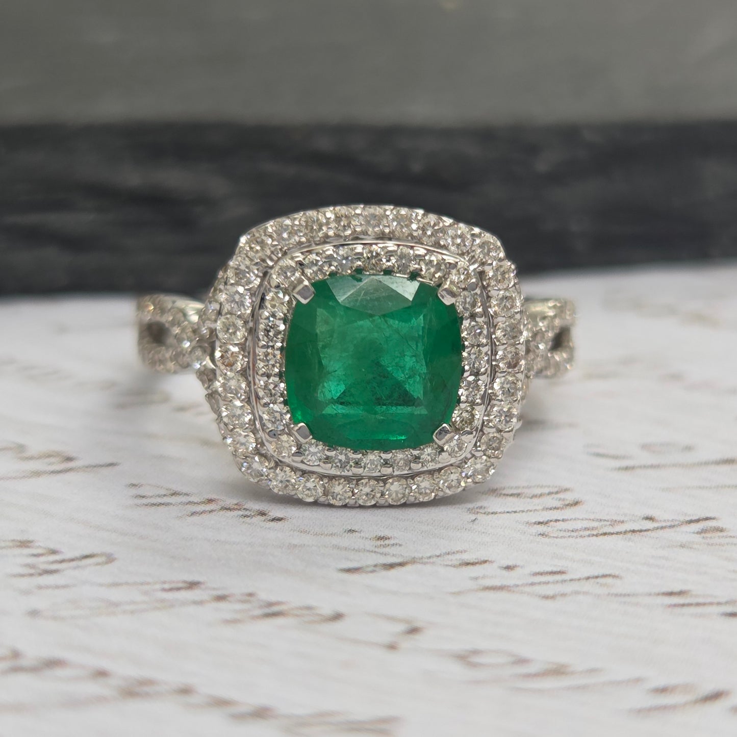 1.04ct Emerald and Diamond Double Halo Cluster Engagement Ring