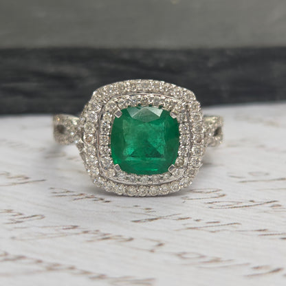1.04ct Emerald and Diamond Double Halo Cluster Engagement Ring