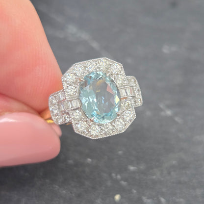 1.64ct Oval Aquamarine and Diamond Cluster Dress Ring with Buckle Shoulders