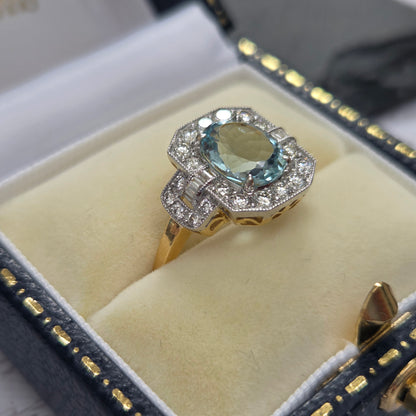 1.64ct Oval Aquamarine and Diamond Cluster Dress Ring with Buckle Shoulders