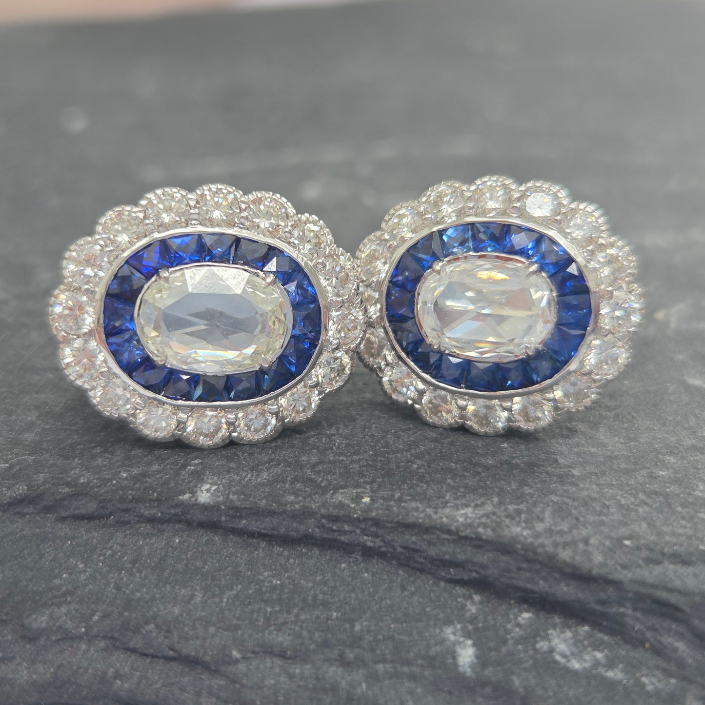Oval Rose Cut Diamond and Sapphire Double Cluster Earrings