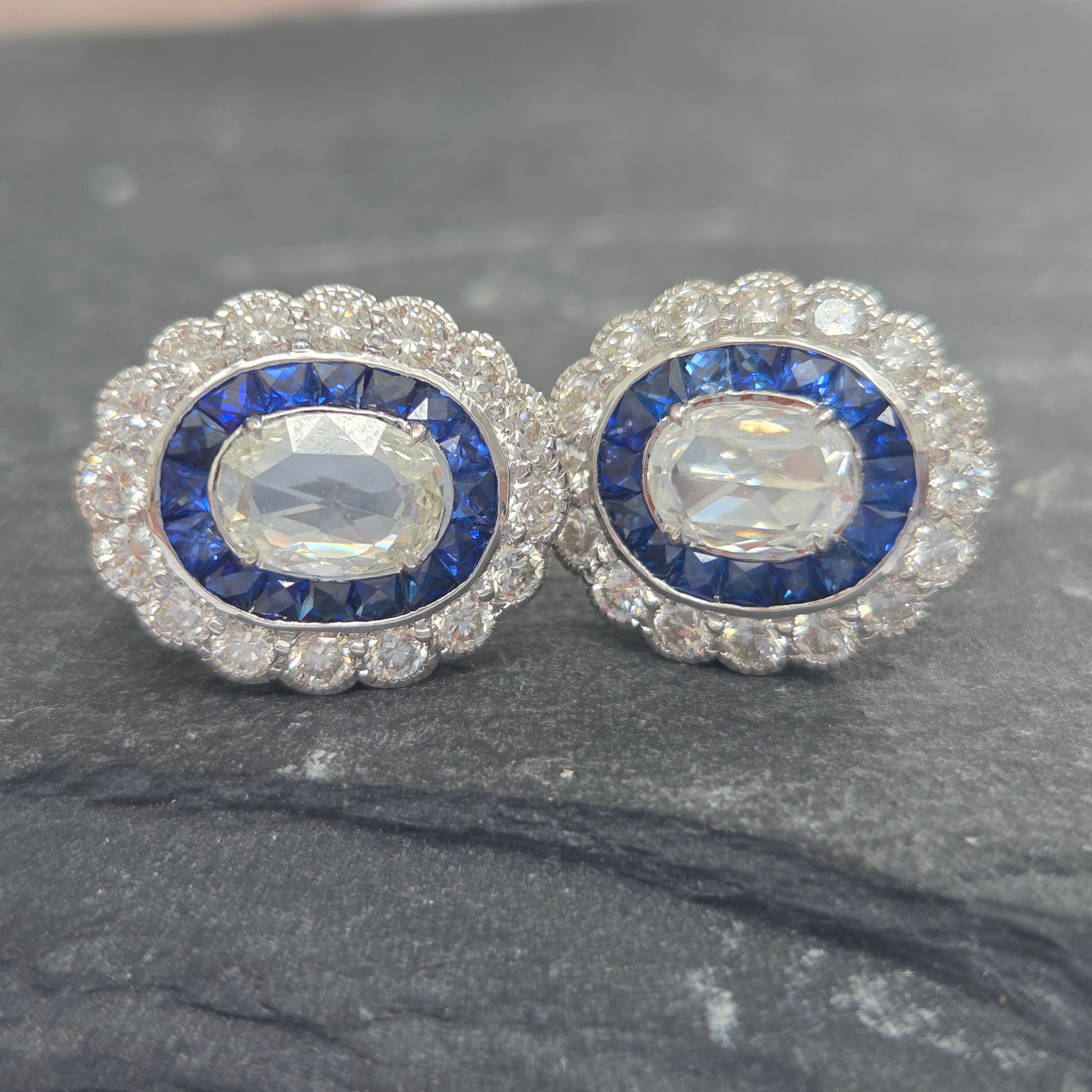 Oval Rose Cut Diamond and Sapphire Double Cluster Earrings