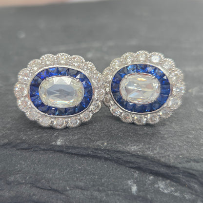 Oval Rose Cut Diamond and Sapphire Double Cluster Earrings