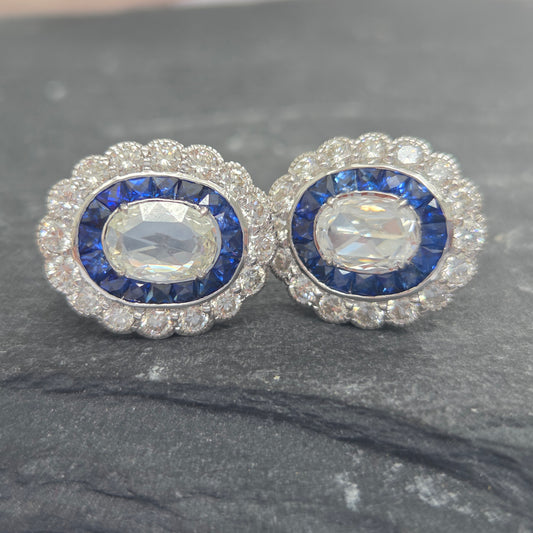 Oval Rose Cut Diamond and Sapphire Double Cluster Earrings