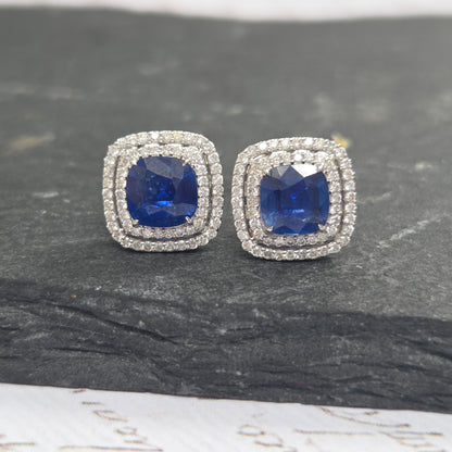 2.33ct Sapphire and Diamond Double Halo Cluster Stud Earrings