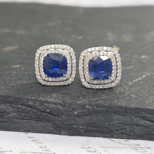 2.33ct Sapphire and Diamond Double Halo Cluster Stud Earrings