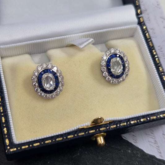 Oval Rose Cut Diamond and Sapphire Double Cluster Earrings