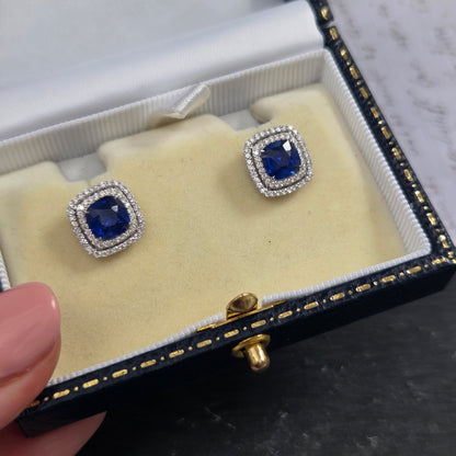 2.33ct Sapphire and Diamond Double Halo Cluster Stud Earrings