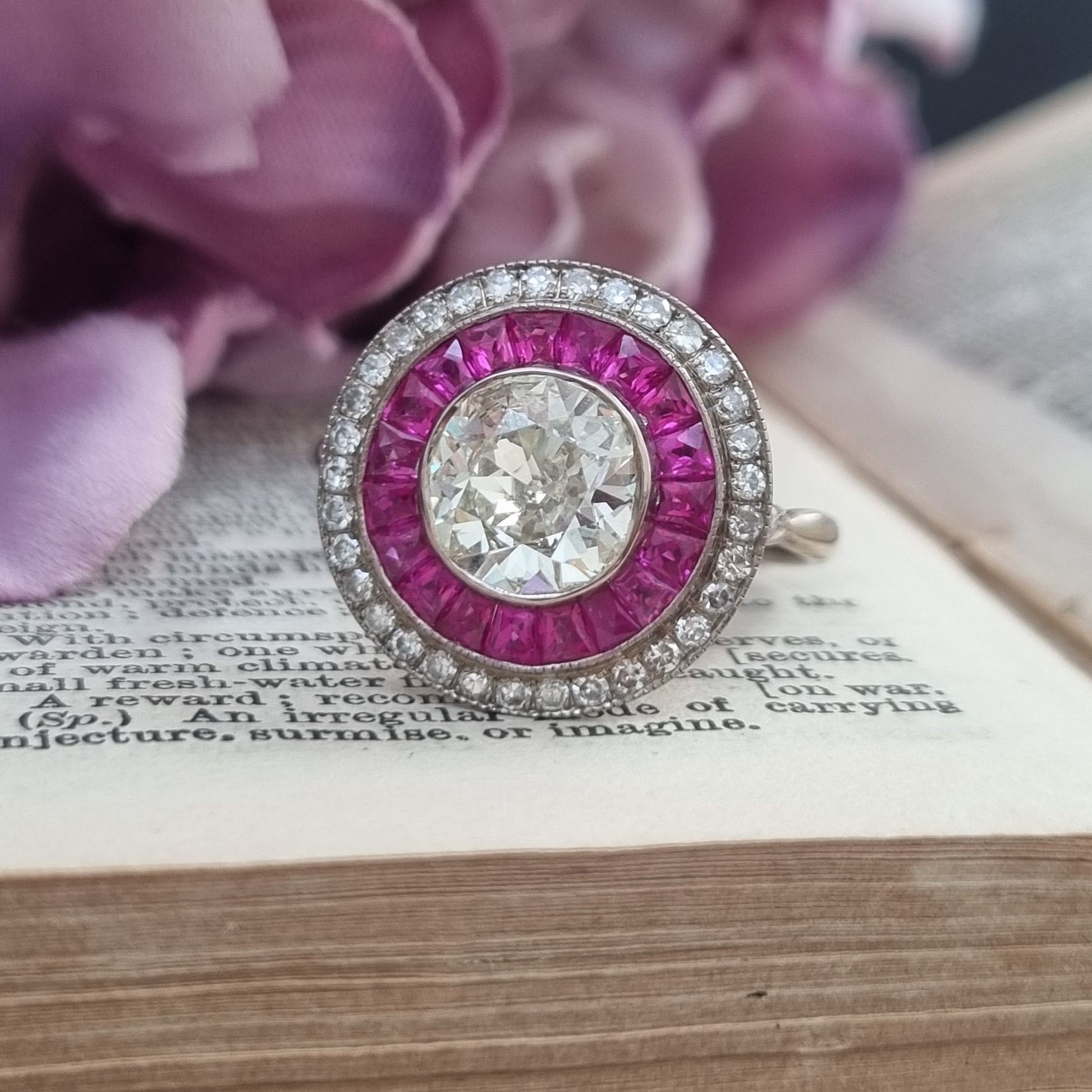 Vintage 1.12ct Diamond and Ruby Double Cluster Target Engagement Ring