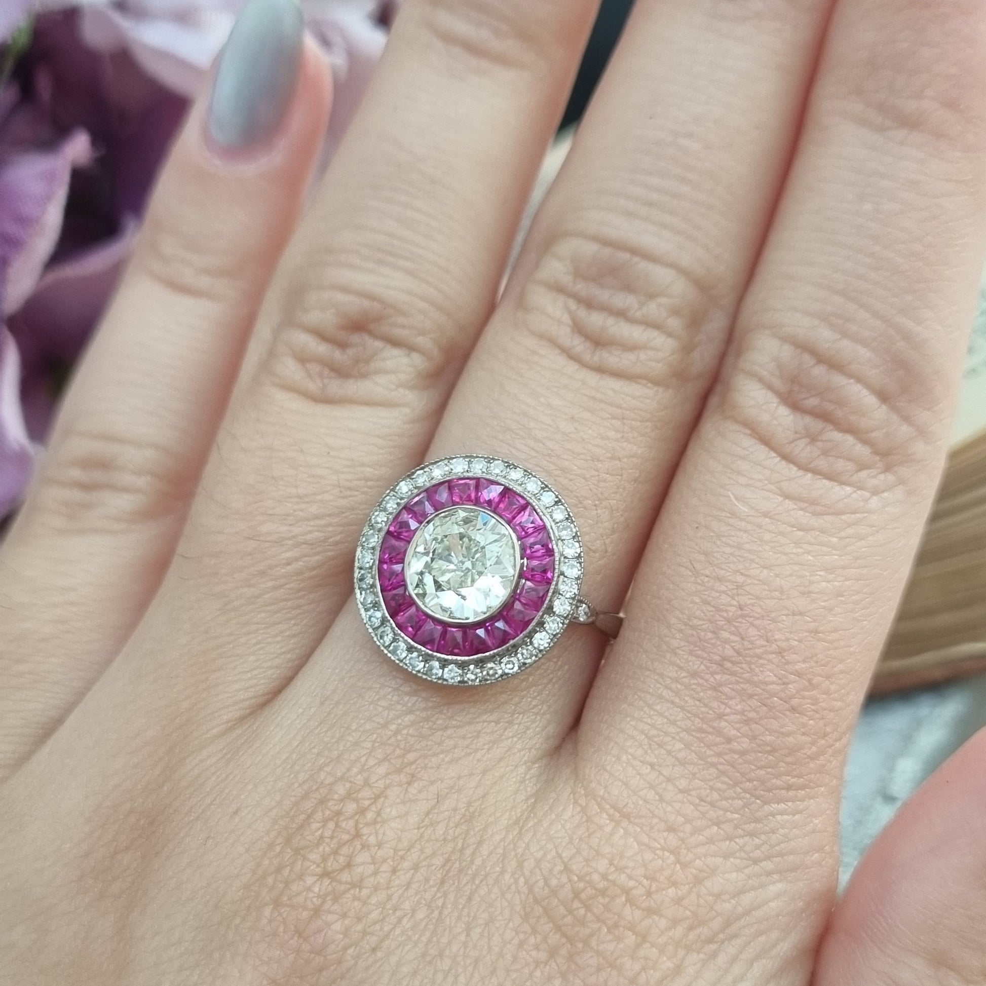 Vintage 1.12ct Diamond and Ruby Double Cluster Target Engagement Ring