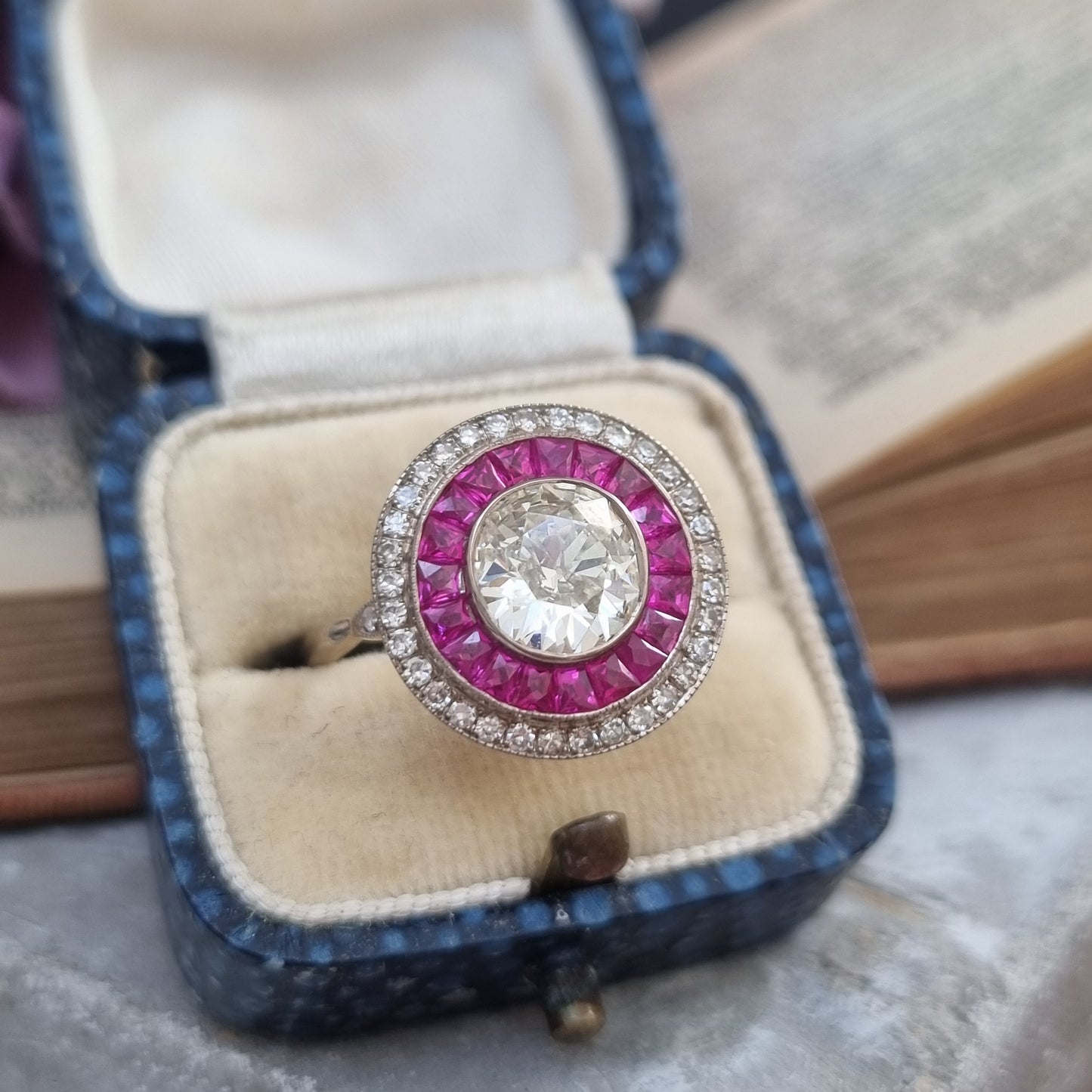 Vintage 1.12ct Diamond and Ruby Double Cluster Target Engagement Ring