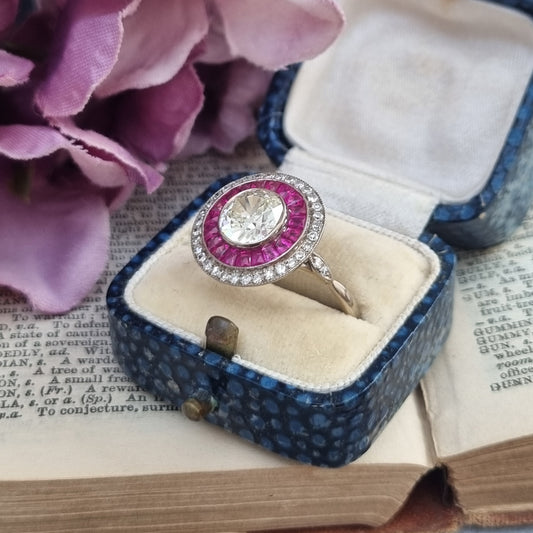 Antique Vintage Art Deco 1.12ct Old European Transitional Cut Diamond and Ruby Double Cluster Target Engagement Ring
