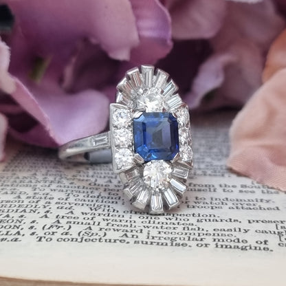 Art Deco Sapphire and Diamond Three Stone Cluster Plaque Ring