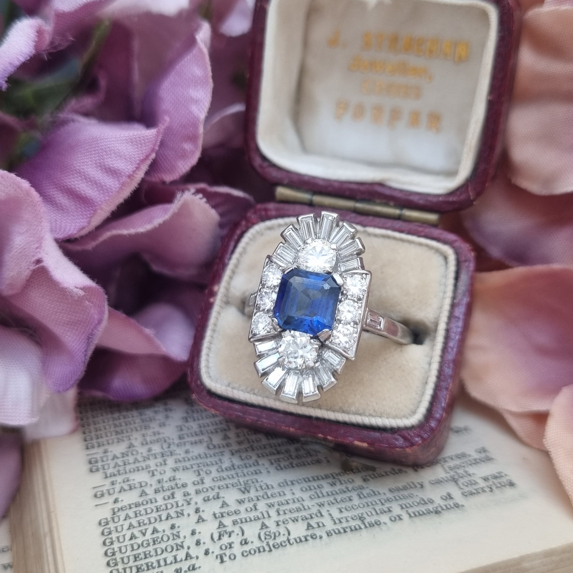 Art Deco Sapphire and Diamond Three Stone Cluster Plaque Ring