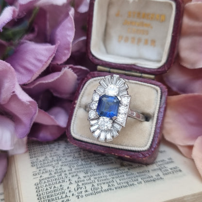 Art Deco Sapphire and Diamond Three Stone Cluster Plaque Ring