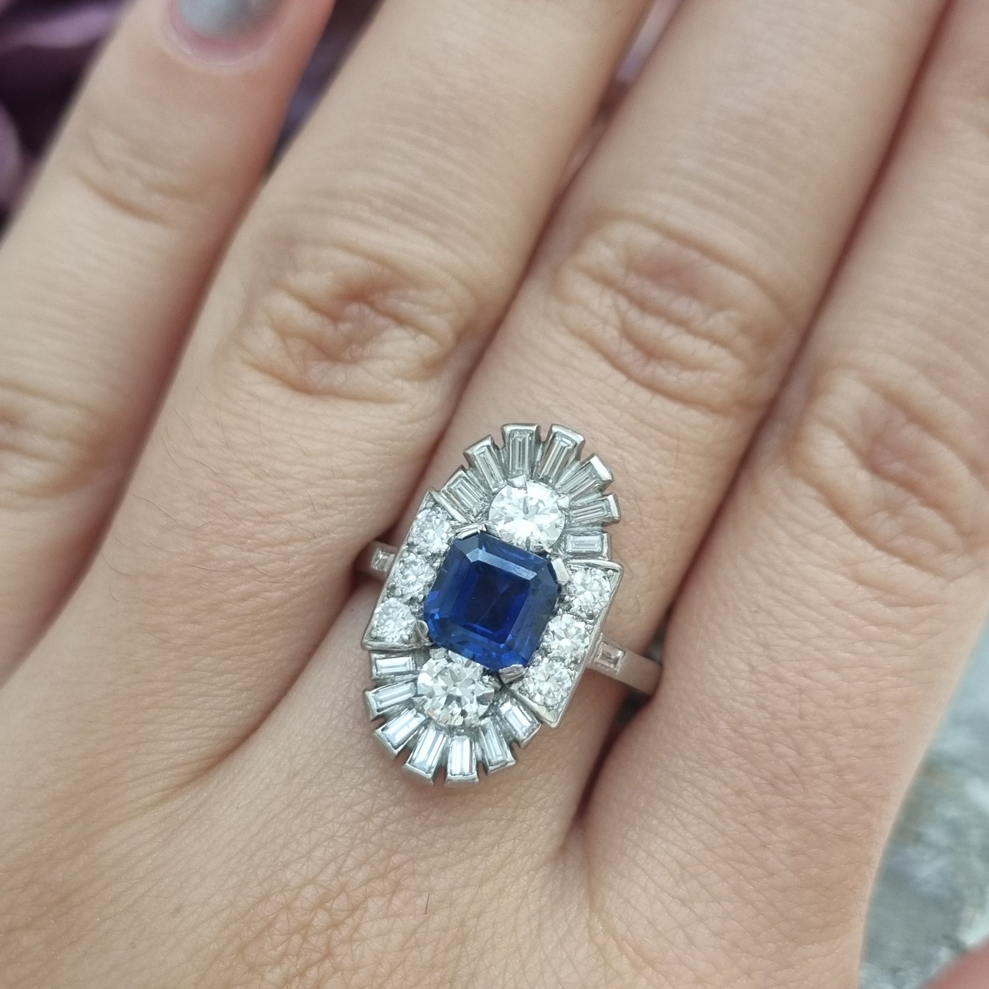 Art Deco Sapphire and Diamond Three Stone Cluster Plaque Ring