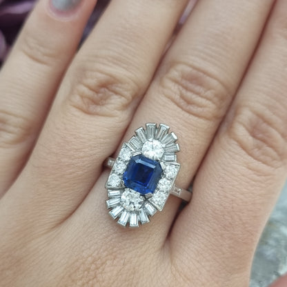 Art Deco Sapphire and Diamond Three Stone Cluster Plaque Ring