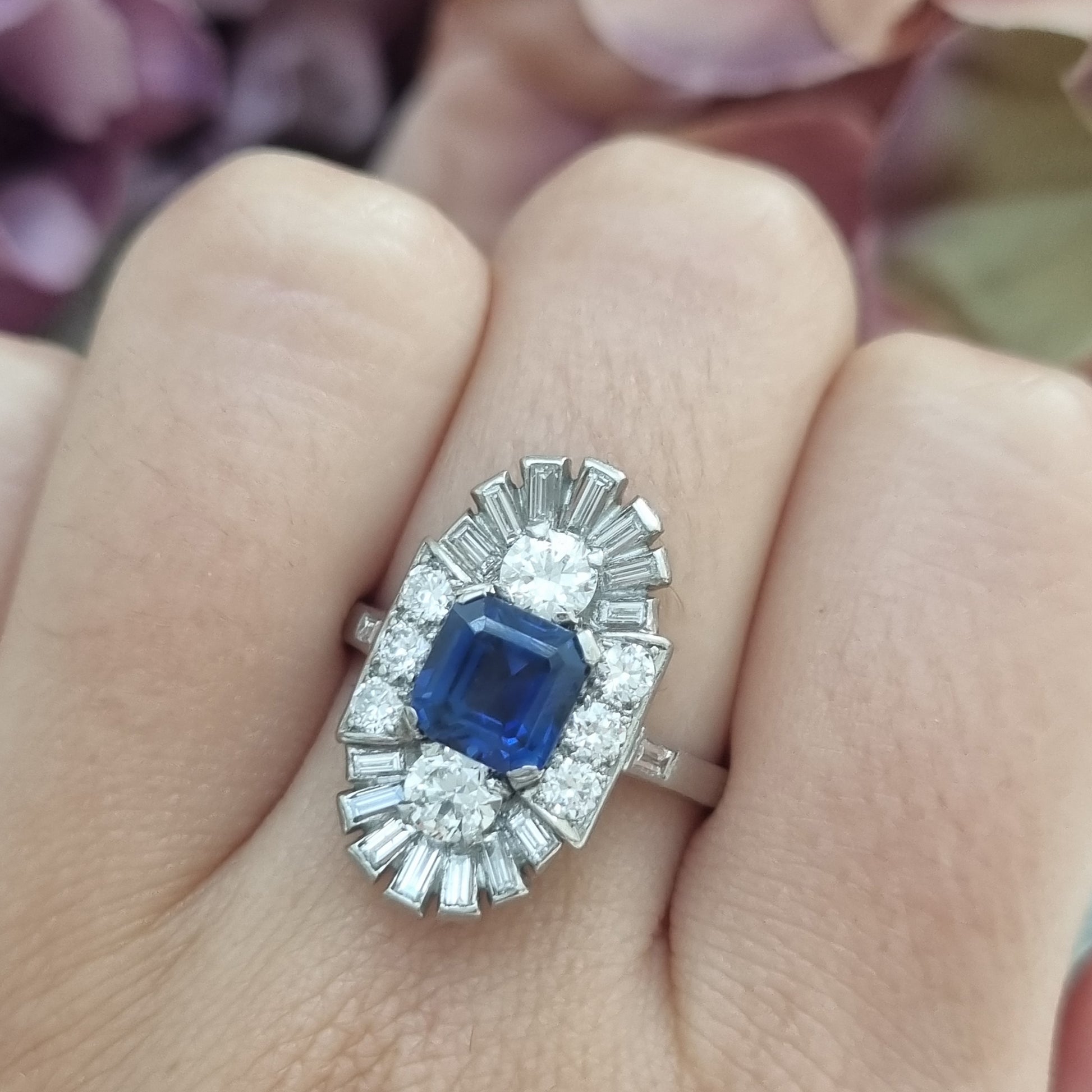 Art Deco Sapphire and Diamond Three Stone Cluster Plaque Ring