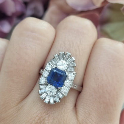Art Deco Sapphire and Diamond Three Stone Cluster Plaque Ring