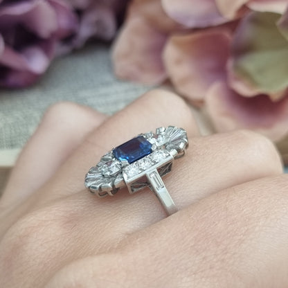 Art Deco Sapphire and Diamond Three Stone Cluster Plaque Ring