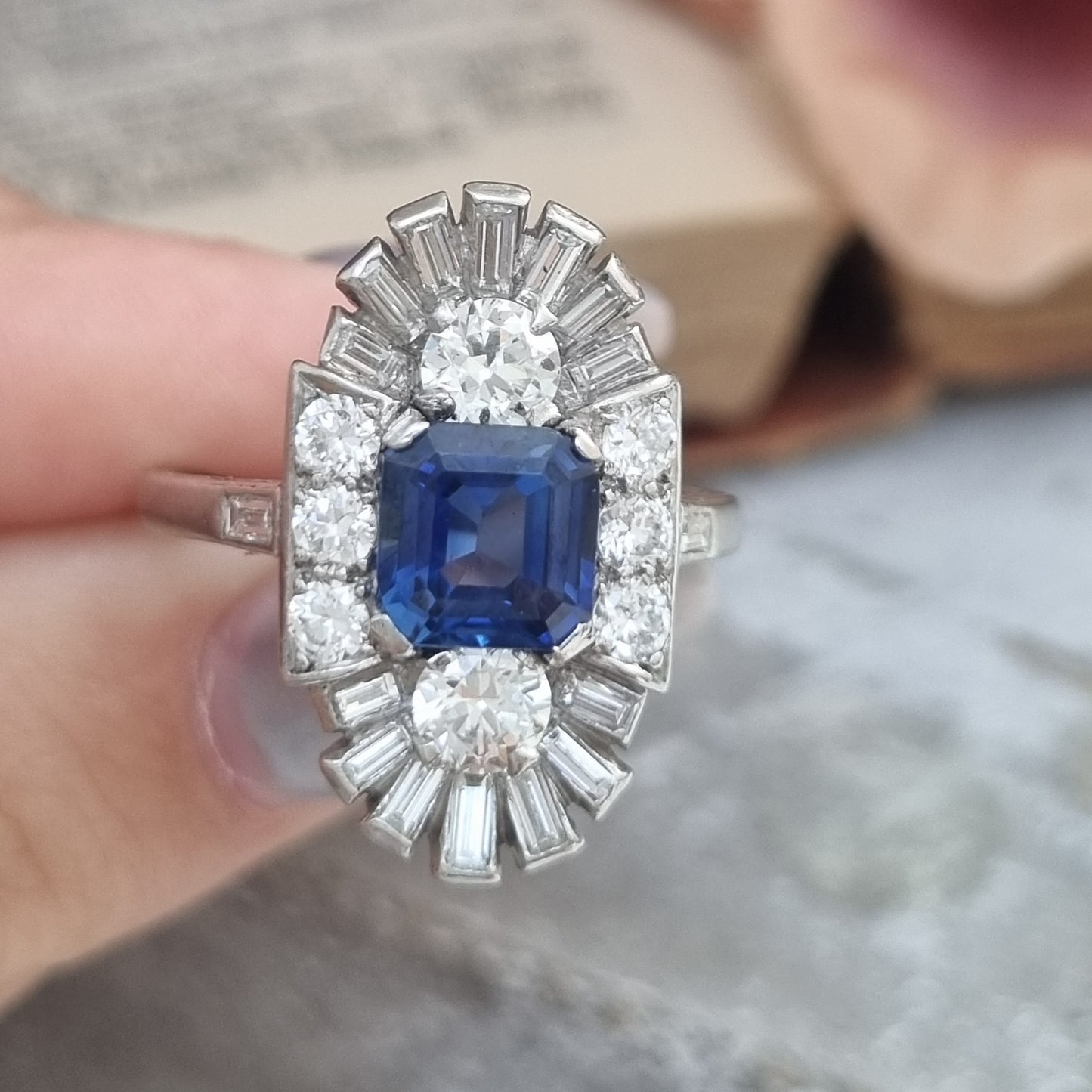 Art Deco Sapphire and Diamond Three Stone Cluster Plaque Ring