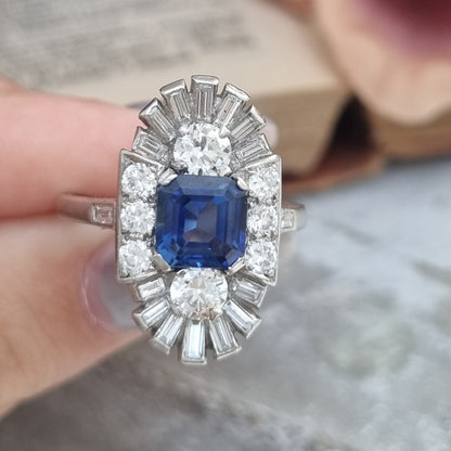 Art Deco Sapphire and Diamond Three Stone Cluster Plaque Ring