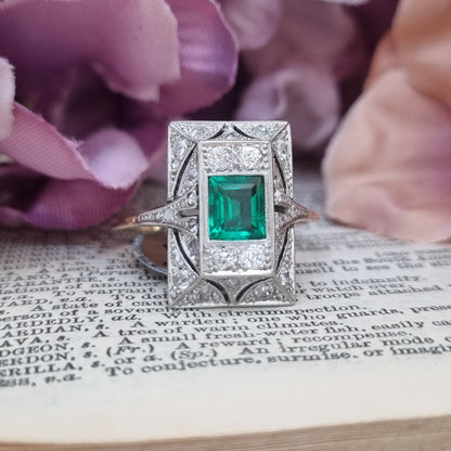 Antique Edwardian Emerald and Diamond Panel Ring