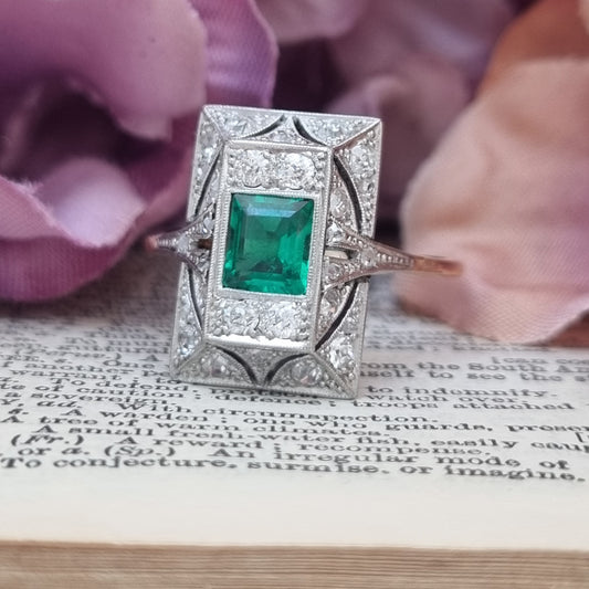 Antique Edwardian Emerald and Diamond Panel Ring