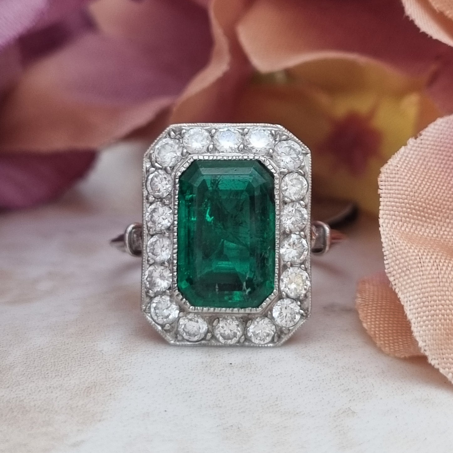 Vintage 2ct Colombian Emerald and Diamond Cluster Dress Ring