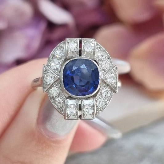 Art Deco French 1.87ct Sapphire and Diamond Cluster Plaque Ring in Platinum