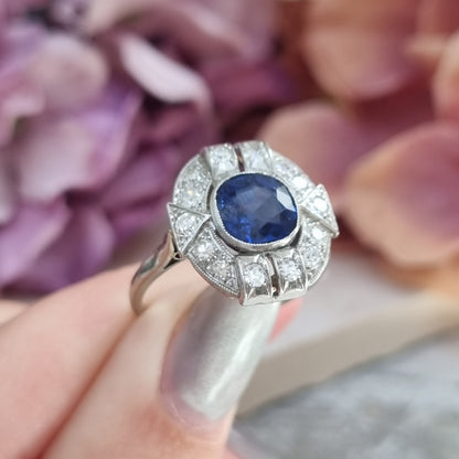 Art Deco French 1.87ct Sapphire and Diamond Cluster Plaque Ring in Platinum