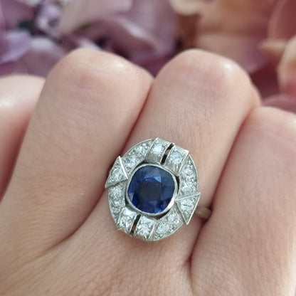 Art Deco French 1.87ct Sapphire and Diamond Cluster Plaque Ring in Platinum