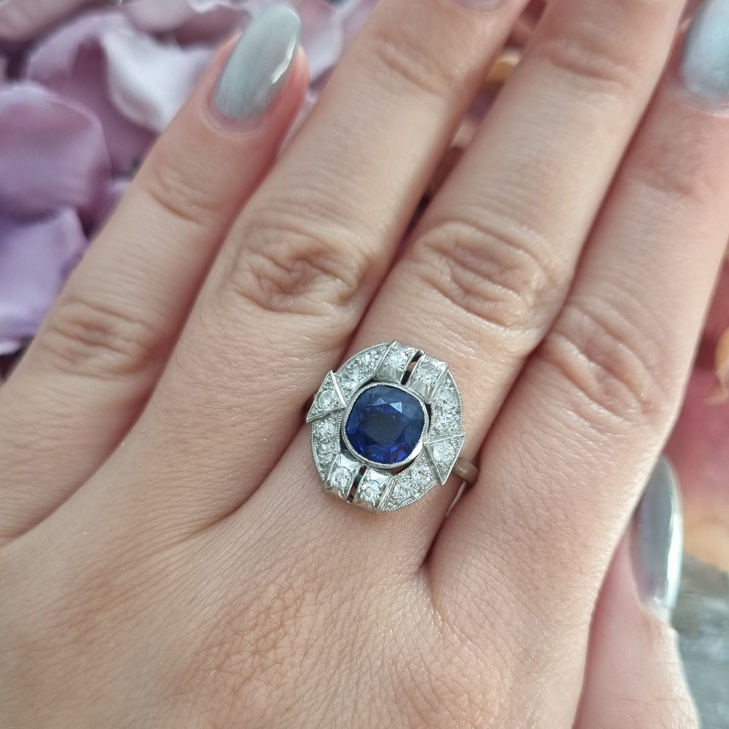 Art Deco French 1.87ct Sapphire and Diamond Cluster Plaque Ring in Platinum