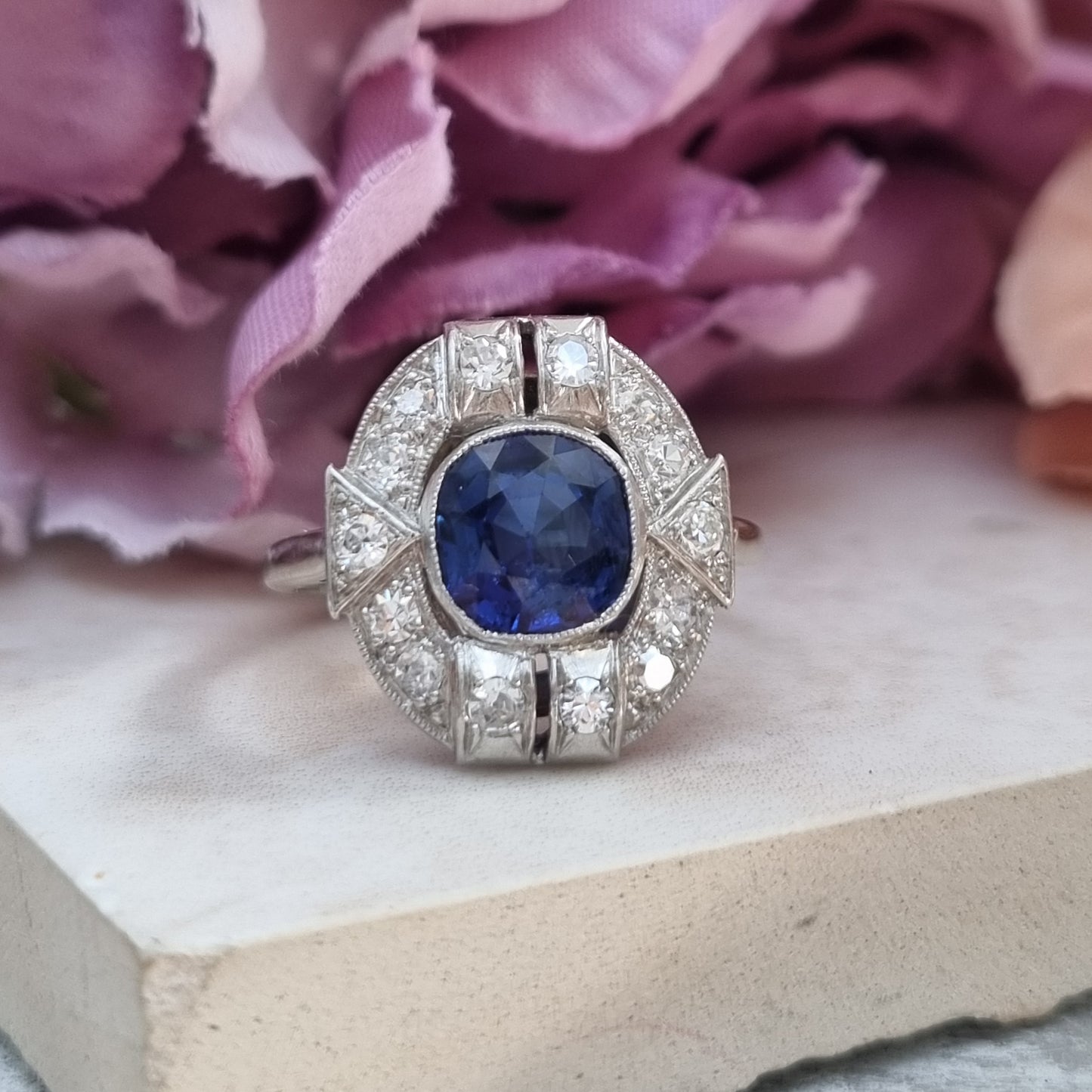 Art Deco French 1.87ct Sapphire and Diamond Cluster Plaque Ring in Platinum