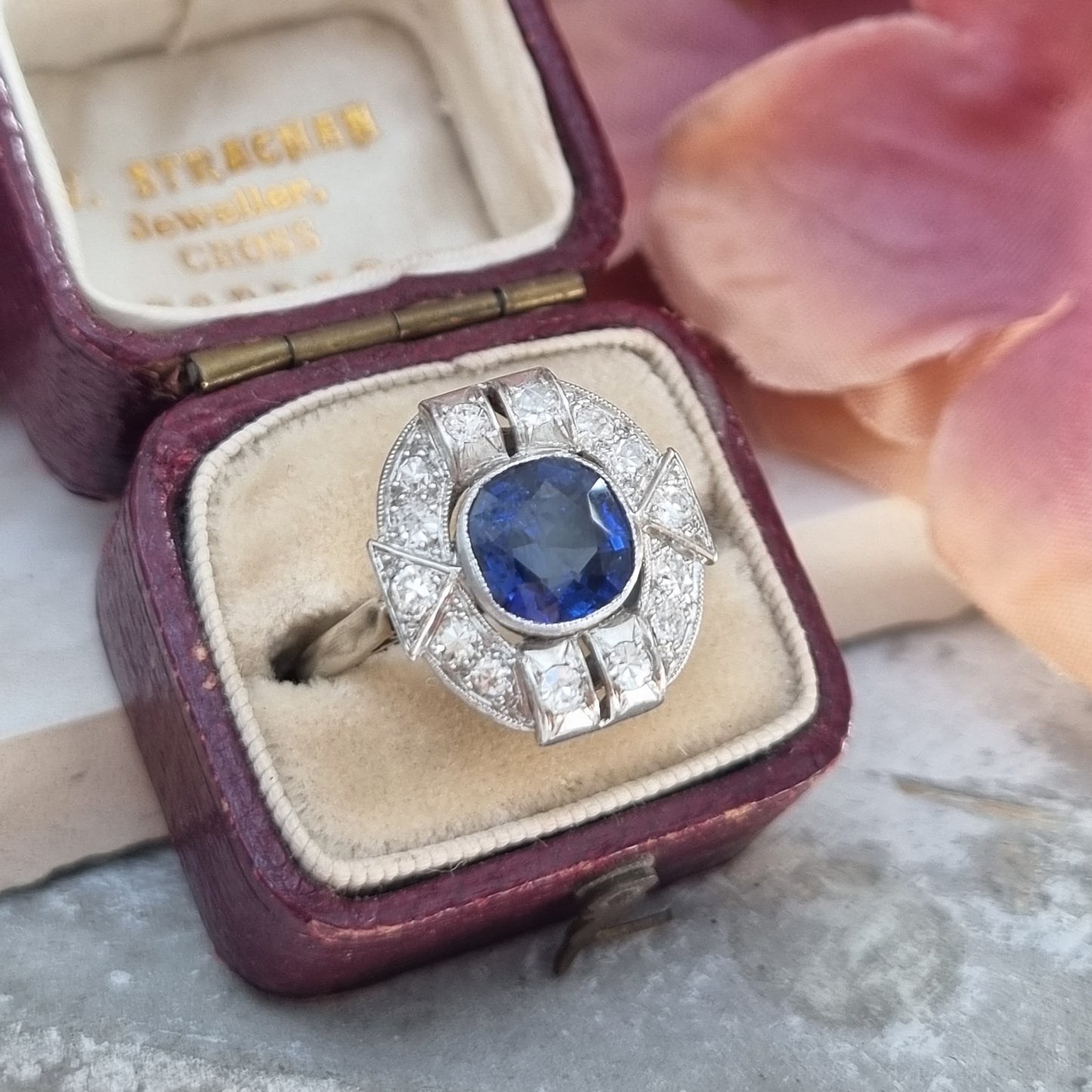 Art Deco French 1.87ct Sapphire and Diamond Cluster Plaque Ring in Platinum