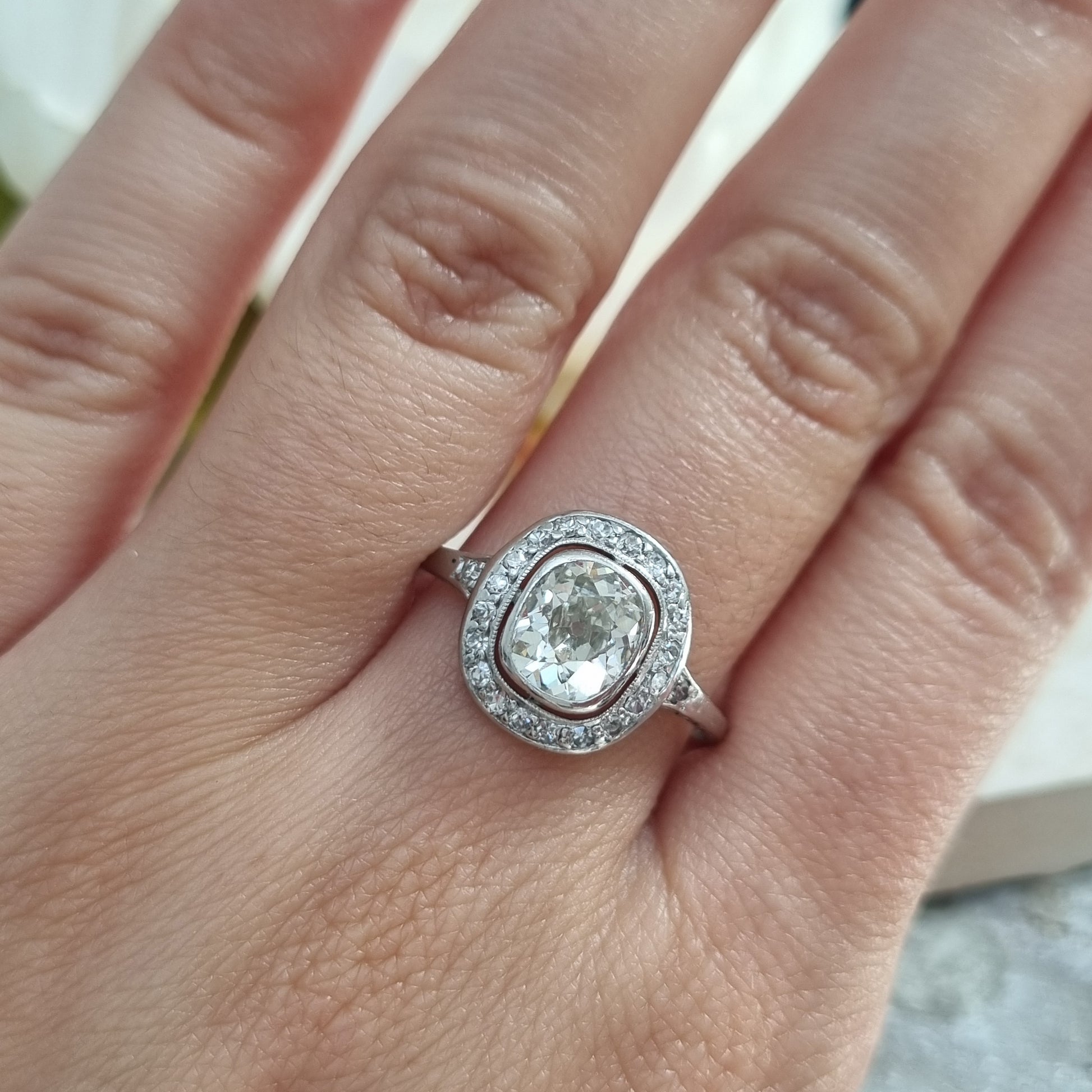 Antique 1.50ct Cushion Diamond Halo Cluster Engagement Ring