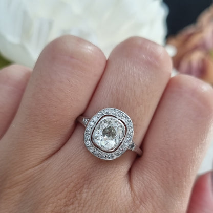 Antique 1.50ct Cushion Diamond Halo Cluster Engagement Ring
