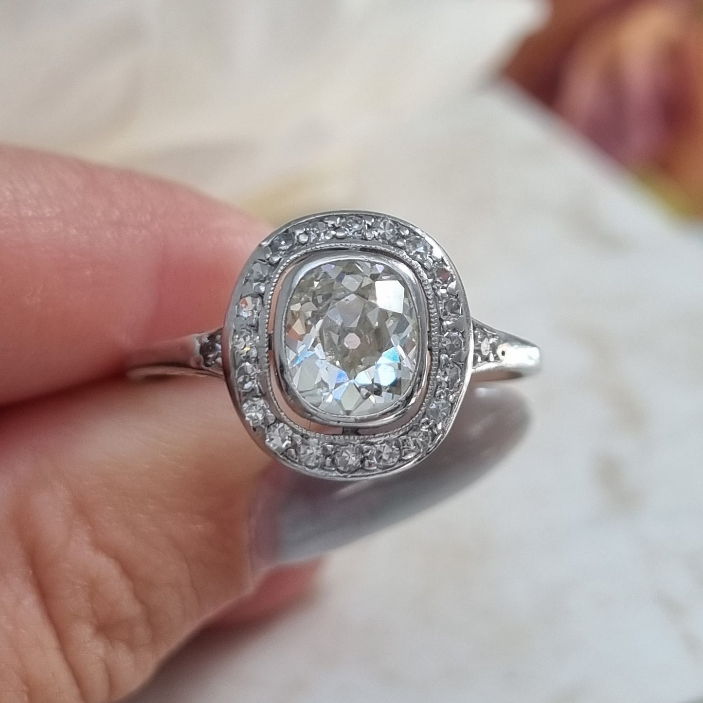 Antique 1.50ct Cushion Diamond Halo Cluster Engagement Ring
