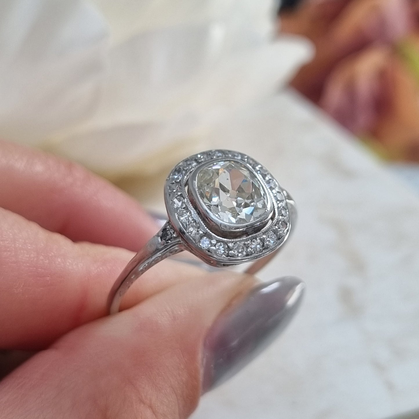 Antique 1.50ct Cushion Diamond Halo Cluster Engagement Ring