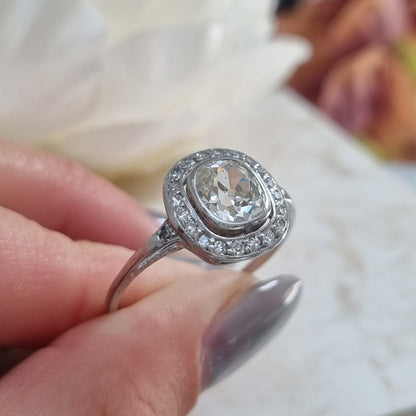 Antique 1.50ct Cushion Diamond Halo Cluster Engagement Ring