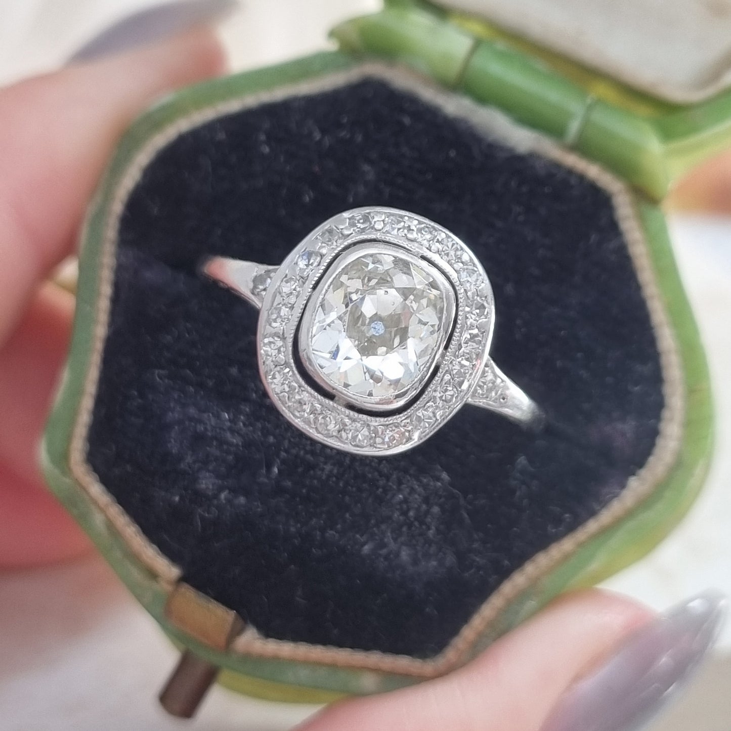 Antique 1.50ct Cushion Diamond Halo Cluster Engagement Ring