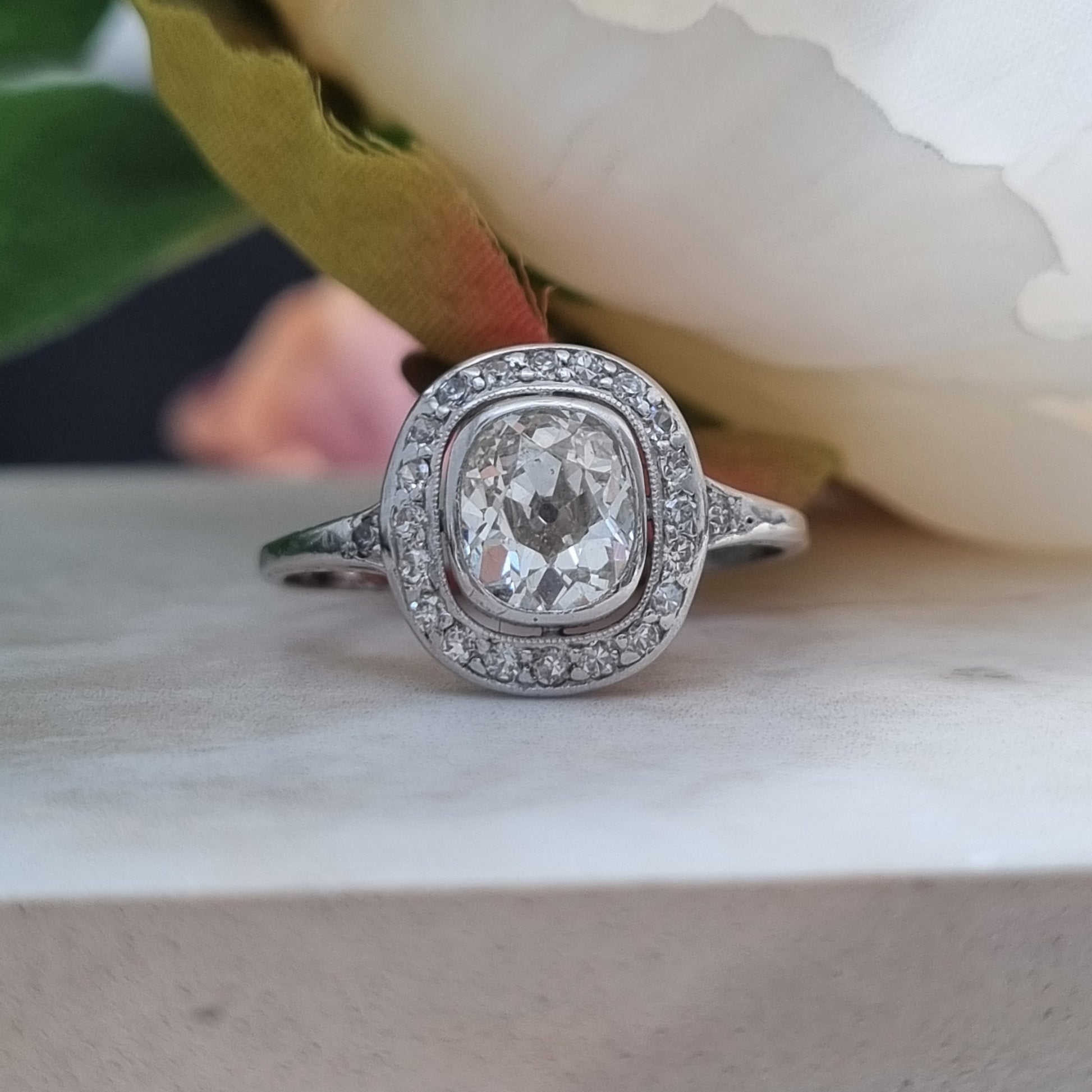 Antique 1.50ct Cushion Diamond Halo Cluster Engagement Ring