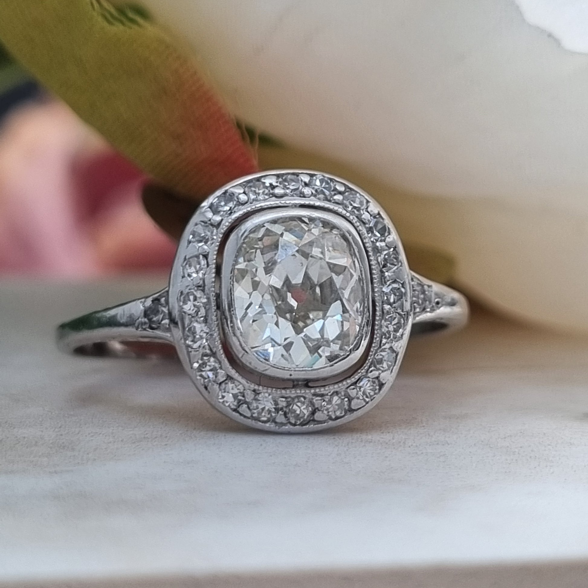 Antique 1.50ct Cushion Diamond Halo Cluster Engagement Ring