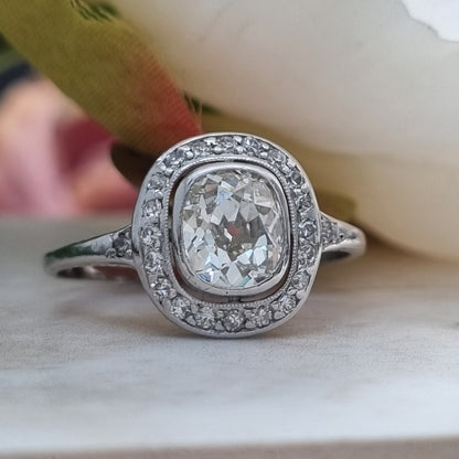 Antique 1.50ct Cushion Diamond Halo Cluster Engagement Ring